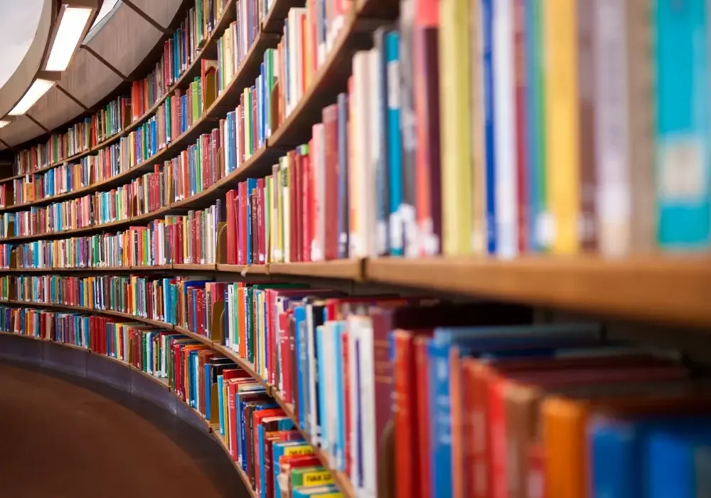A row of books on shelves in a library.